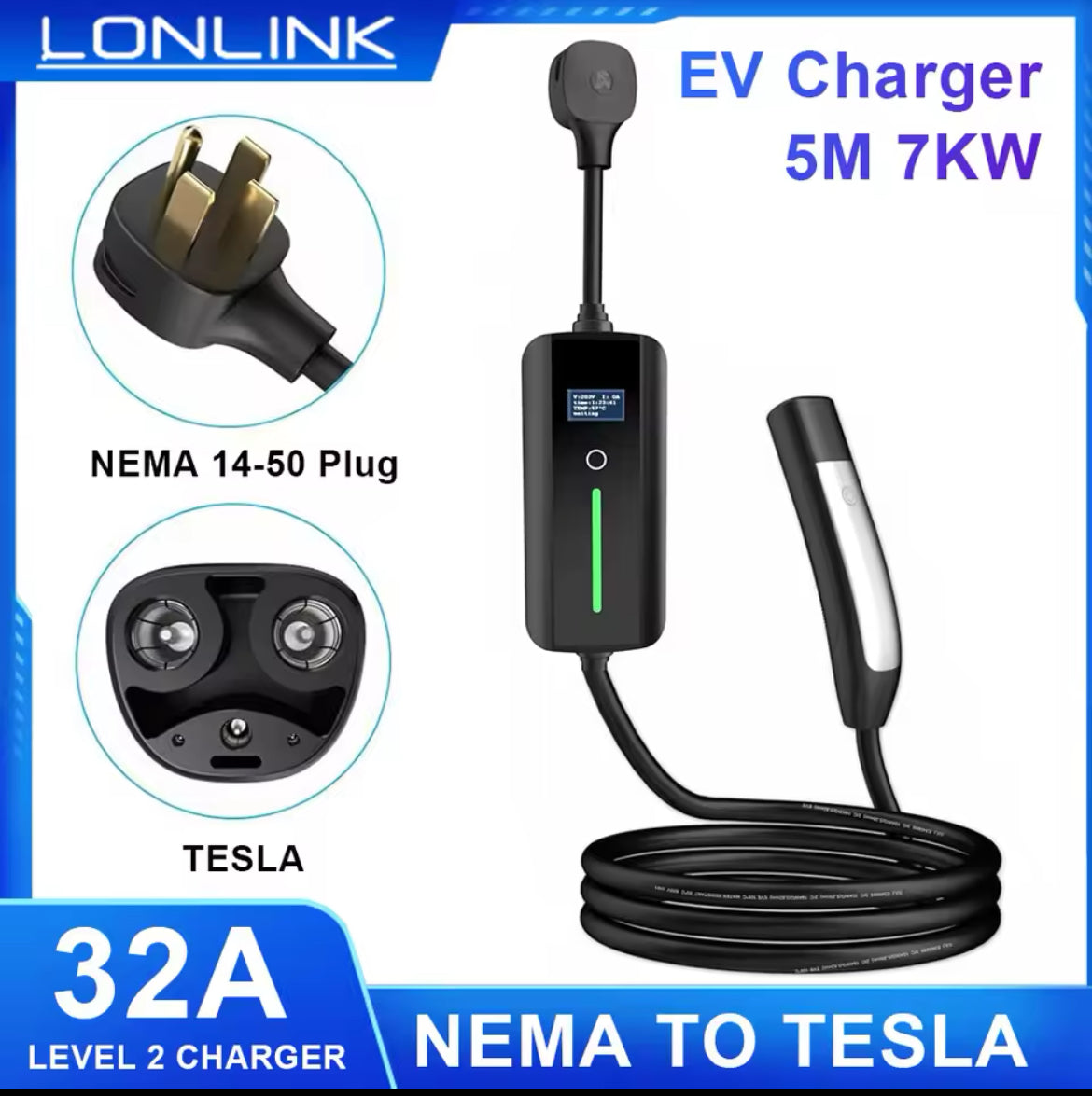 5M 32A 7KW LONLINK Tesla EV Portable Charger