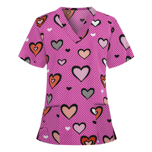 Nurse Uniform Scrubs Tops Women Valentine's Day Short Sleeve Love