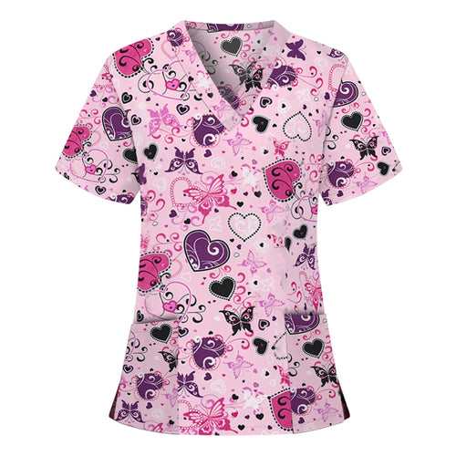 Nurse Uniform Scrubs Tops Women Valentine's Day Short Sleeve Love