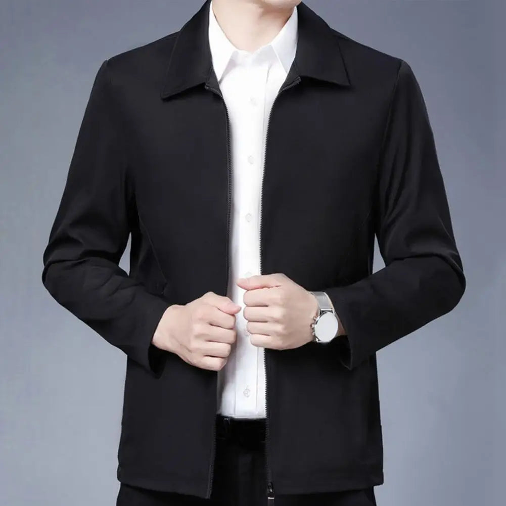 Men Jacket Elegant Mid-aged Men's Lapel Jacket with Zipper Closure