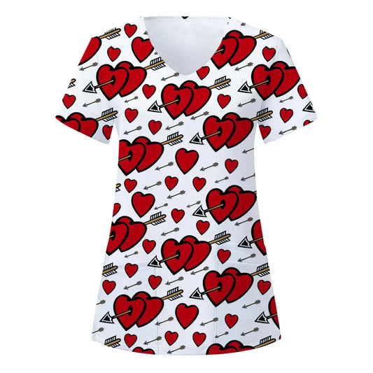 Women Love Heart Printing Nursing Uniform Pocket Short Sleeve V-Neck