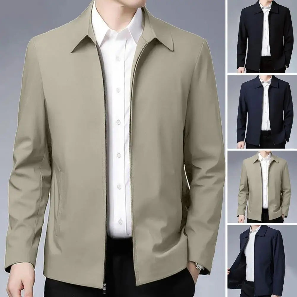 Men Jacket Elegant Mid-aged Men's Lapel Jacket with Zipper Closure