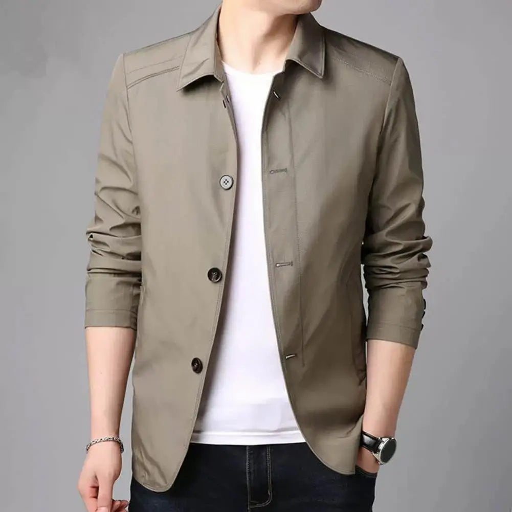 Fall Spring Men Coat Turn-down Collar Long Sleeve Coat Single-breasted