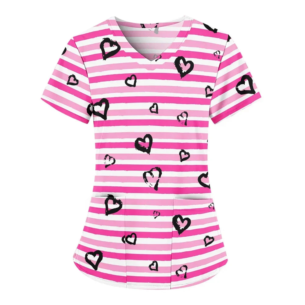 Nurse Uniform Women Valentines Day Love Print Gradient Short Sleeve