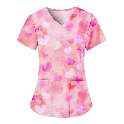 Nurse Uniform Women Valentines Day Love Print Gradient Short Sleeve