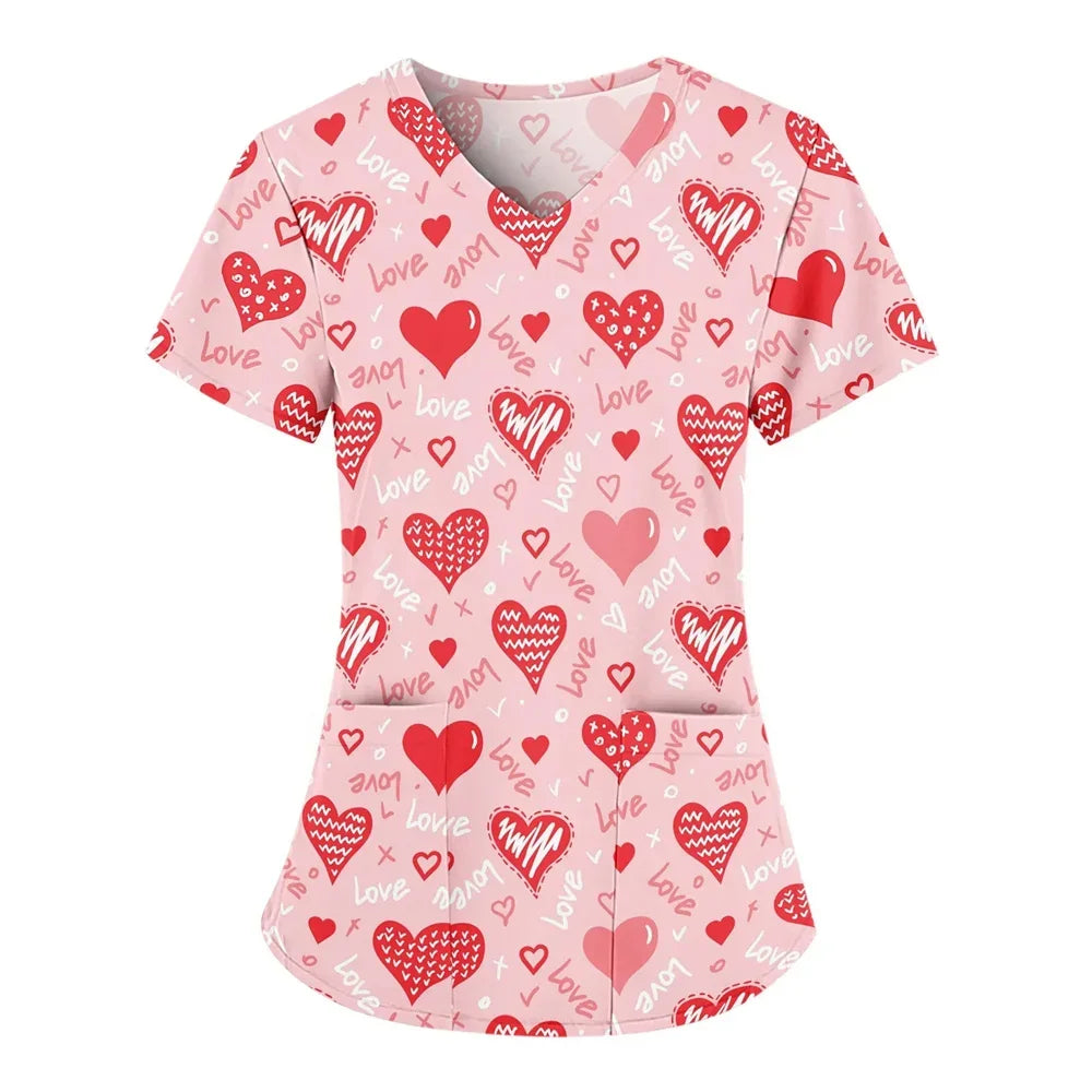 Nurse Uniform Women Valentines Day Love Print Gradient Short Sleeve