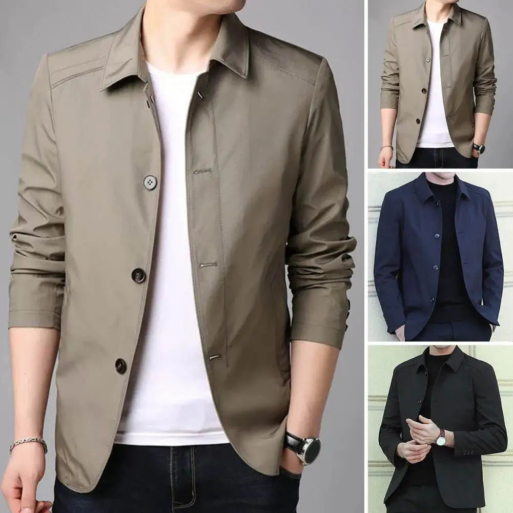 Fall Spring Men Coat Turn-down Collar Long Sleeve Coat Single-breasted