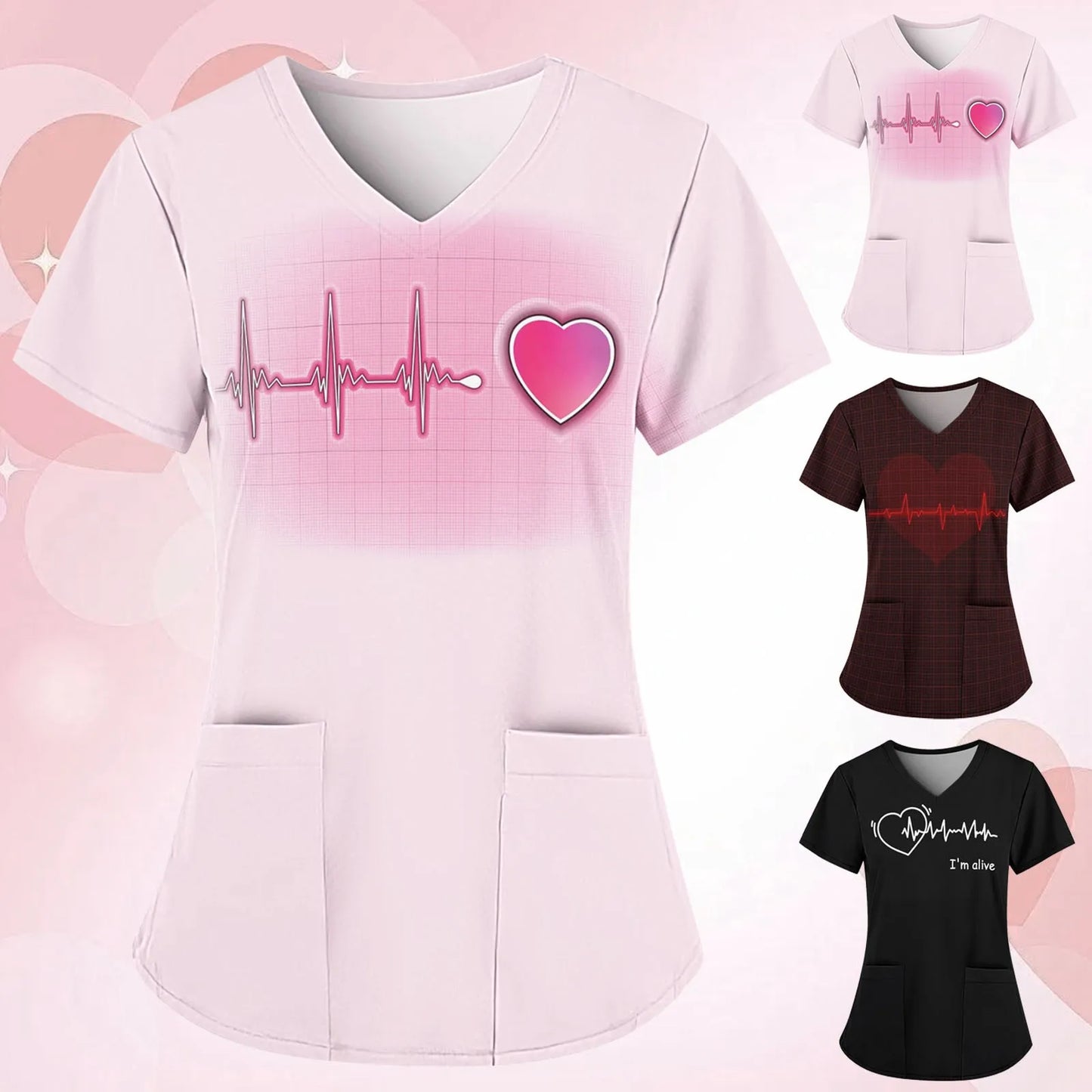 Nurse Uniform Women Valentines Day Love Print Gradient Short Sleeve