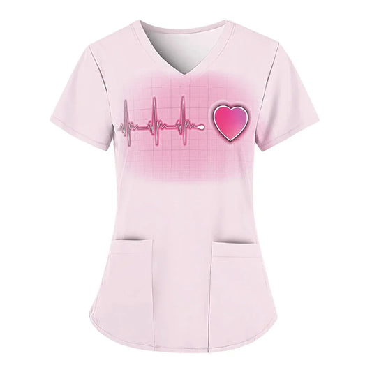 Nurse Uniform Women Valentines Day Love Print Gradient Short Sleeve