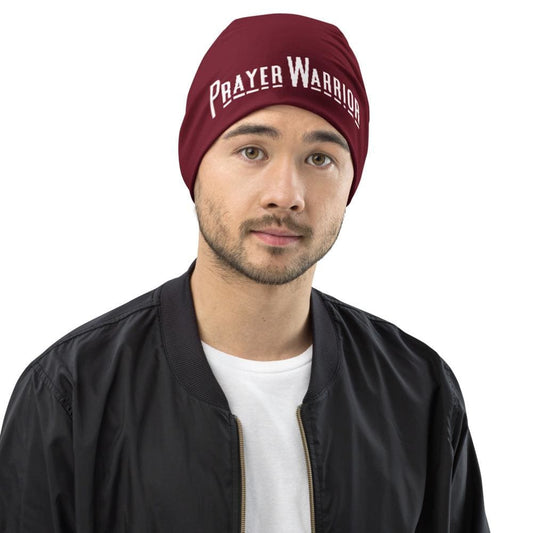 Beanie Hat - Burgundy Slouchy Beanie Prayer Warrior Print Men/women