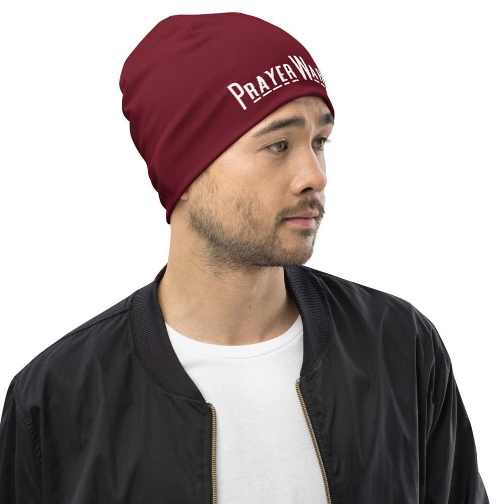 Beanie Hat - Burgundy Slouchy Beanie Prayer Warrior Print Men/women